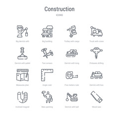 set of 16 construction concept vector line icons such as wood saw, derrick with ball, man painting, inclined magnet, derrick with box, five meters ruler, angle ruler, measures plan. 64x64 thin