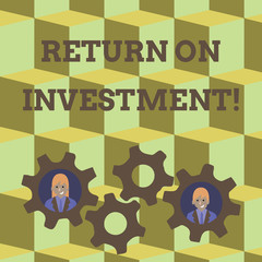 Word writing text Return On Investment. Business photo showcasing perforanalysisce measure used evaluate efficiency of investment Two Business People Each Inside Colorful Cog Wheel Gears for Teamwork