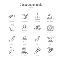 set of 16 construction tools concept vector line icons such as screws, screw, ladder, nail, anvil, plier, bucket, trowel. 64x64 thin stroke icons