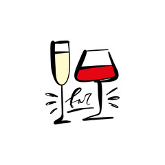 One line modern icon glass and bottle of wine set, hand drawn sketch vector