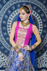 Portrait of a female model in ethnic indian costume with  jewellery and traditional makeup.