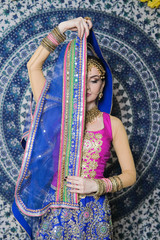 Portrait of a female model in ethnic indian costume with  jewellery and traditional makeup.