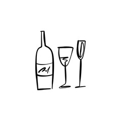 One line modern icon glass and bottle of wine set, hand drawn sketch vector