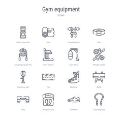 set of 16 gym equipment concept vector line icons such as jumping rope, sneakers, weight scale, step, buck, elliptical, tire, punching ball. 64x64 thin stroke icons