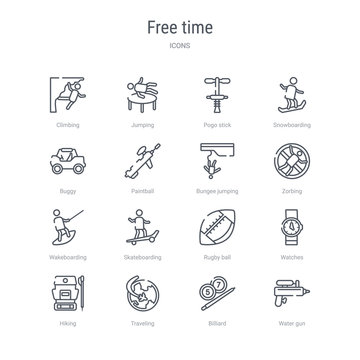 set of 16 free time concept vector line icons such as water gun, billiard, traveling, hiking, watches, rugby ball, skateboarding, wakeboarding. 64x64 thin stroke icons
