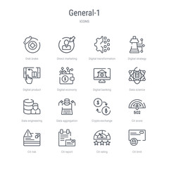 set of 16 general-1 concept vector line icons such as cit limit, cit rating, cit report, risk, score, crypto-exchange, data aggregation, data engineering. 64x64 thin stroke icons