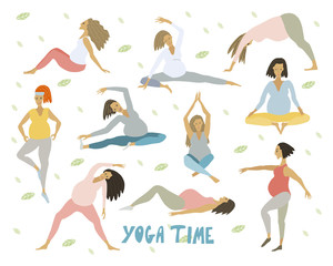 Yoga for pregnant Healthy women with belly doing yoga in different poses set
