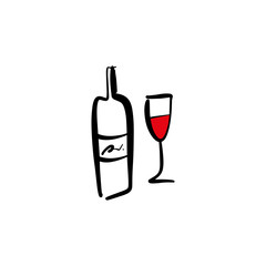 One line modern icon glass and bottle of wine set, hand drawn sketch vector