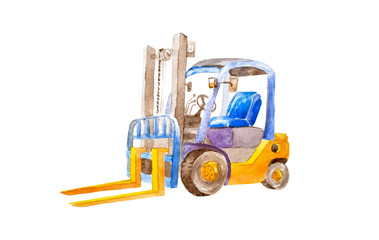 Watercolor yellow forklift with yellow forks without load in a quiet state on a white background isolated. Distribution, Logistics Import Export, Warehouse operation, Trading, Delivery concept