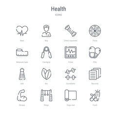 set of 16 health concept vector line icons such as food, yoga mat, rings, biceps, records, dumbbells, bio, salt. 64x64 thin stroke icons