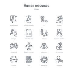 set of 16 human resources concept vector line icons such as employee, networking, files, 12 hours, administrator, appearance, balance in human resources, chess clock. 64x64 thin stroke icons