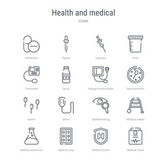 set of 16 health and medical concept vector line icons such as medical result, medical shield, strip, substance, walker, ophthalmology, saline, sperm. 64x64 thin stroke icons