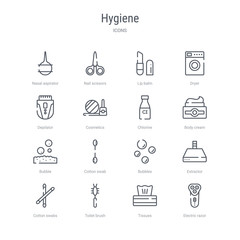set of 16 hygiene concept vector line icons such as electric razor, tissues, toilet brush, cotton swabs, extractor, bubbles, cotton swab, bubble. 64x64 thin stroke icons