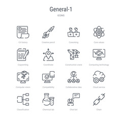 set of 16 general-1 concept vector line icons such as chain, chat bot, chemical lab, classification, cloud service, collaborative idea, compatibility, computer vision. 64x64 thin stroke icons