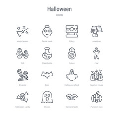 Naklejka premium set of 16 halloween concept vector line icons such as pumpkin face, vampire teeth, ghosts, halloween candy, haunted house, halloween ghost, bats, crystals. 64x64 thin stroke icons