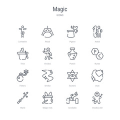 set of 16 magic concept vector line icons such as voodoo doll, acrobatic, magic trick, wand, dust, esoteric, smoke, fetters. 64x64 thin stroke icons