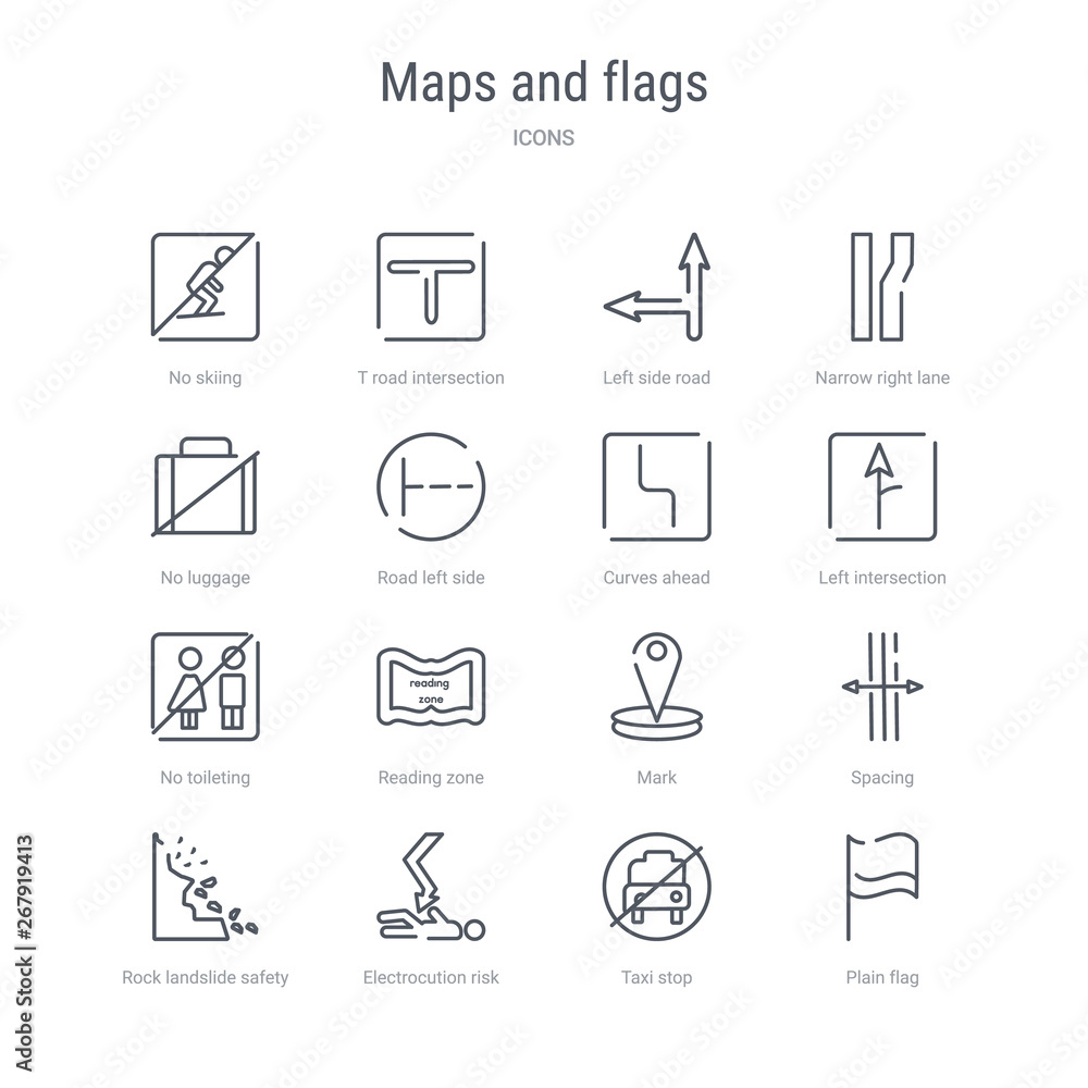 Poster set of 16 maps and flags concept vector line icons such as plain flag, taxi stop, electrocution risk