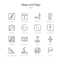 set of 16 maps and flags concept vector line icons such as plain flag, taxi stop, electrocution risk, rock landslide safety, spacing, mark, reading zone, no toileting. 64x64 thin stroke icons