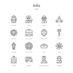 set of 16 india concept vector line icons such as lakshmi, ardhanareeswara, ricksaw, tandoori, anise, curry, tikka masala, kandeel. 64x64 thin stroke icons