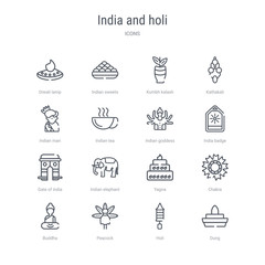 set of 16 india and holi concept vector line icons such as dung, holi, peacock, buddha, chakra, yagna, indian elephant, gate of india. 64x64 thin stroke icons