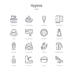 set of 16 hygiene concept vector line icons such as grooming, lather, scrub up, varnish, detergent dose, parasite, face cream, hair tonic. 64x64 thin stroke icons
