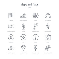 set of 16 maps and flags concept vector line icons such as women hairstylist, location mark, location marker, folded map with position mark, street, caution, co2, radiactive. 64x64 thin stroke icons