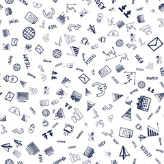 Wrapping decorated by seamless objects, dollar and euro, growing chart and diagram, pc and paper, idea symbol and sale, currency and calendar vector. Seamless pattern on white background