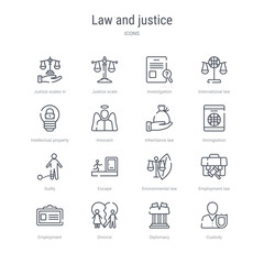 set of 16 law and justice concept vector line icons such as custody, diplomacy, divorce, employment, employment law, environmental law, escape, guilty. 64x64 thin stroke icons