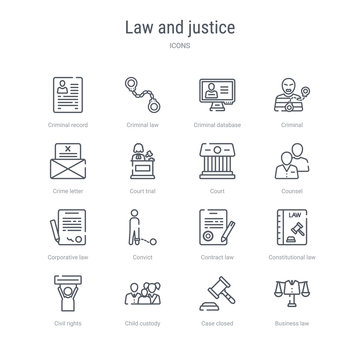 Set Of 16 Law And Justice Concept Vector Line Icons Such As Business Law, Case Closed, Child Custody, Civil Rights, Constitutional Law, Contract Convict, Corporative 64x64 Thin Stroke Icons