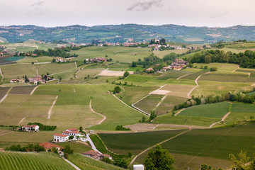 Fototapeta premium Langhe hills vineyards landscape. Viticulture in Barolo, Piedmont, Italy, Unesco heritage. Barolo, Nebbiolo, Dolcetto, Barbaresco red wine.
