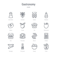 set of 16 gastronomy concept vector line icons such as floss, dough, hot sauce, sausage, pickles, bacon, pancakes, bun. 64x64 thin stroke icons