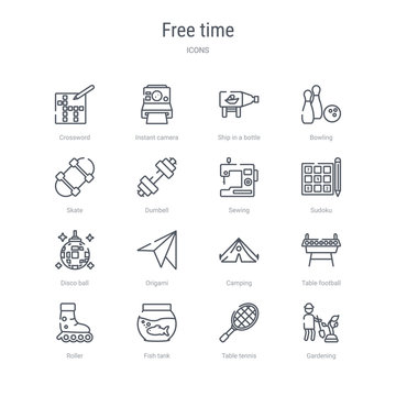 set of 16 free time concept vector line icons such as gardening, table tennis, fish tank, roller, table football, camping, origami, disco ball. 64x64 thin stroke icons