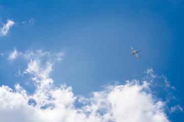 Flying plane on a background of blue sky and clouds