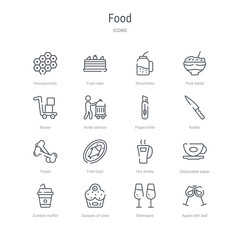 set of 16 food concept vector line icons such as apple with leaf, stemware, glasses of wine, zombie muffin, disposable paper cup, hot drinks, fish food, treats. 64x64 thin stroke icons