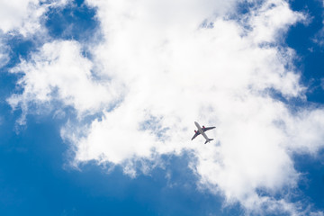 Flying plane on a background of blue sky and clouds