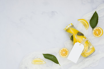 Top view lemons with lemonade