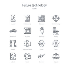 set of 16 future technology concept vector line icons such as jetpack, chainsaw, vehicle, audio file, kettle, cooker, augmented reality, surgery. 64x64 thin stroke icons