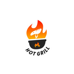 Hot grill logo with fork and meat steak silhouette in fire flame