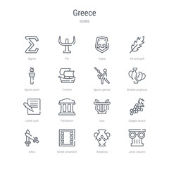 set of 16 greece concept vector line icons such as jonic column, amphora, greek ornament, xifos, grapes bunch, lyre, parthenon, letter quill. 64x64 thin stroke icons