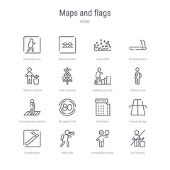 set of 16 maps and flags concept vector line icons such as no littering, inmigration check point, mine site, smoke zone, flyover bridge, dormitory, 80 speed limit, crossing road caution. 64x64 thin