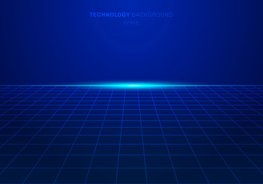 Abstract Blue Digital Technology Square Grid Pattern On Background With Light Explode.