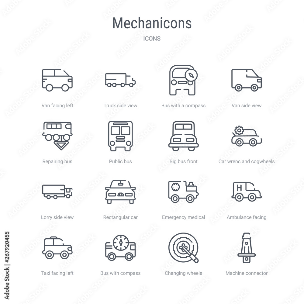 Poster set of 16 mechanicons concept vector line icons such as machine connector plug, changing wheels tool