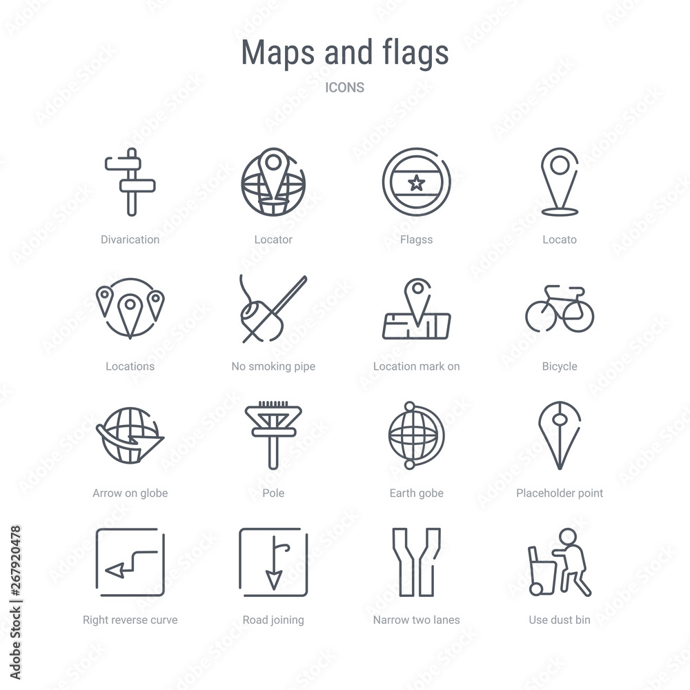 Aufkleber set of 16 maps and flags concept vector line icons such as use dust bin, narrow two lanes, road join