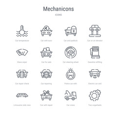 set of 16 mechanicons concept vector line icons such as two cogwheels, car crane, car with repair equipment, limousine side view, electric car and plug, police with steering wheel, repairing, repair