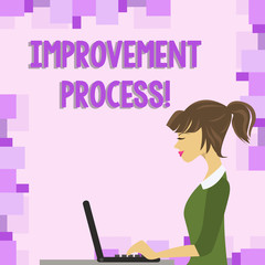 Word writing text Improvement Process. Business photo showcasing Ongoing effort to improve products and services photo of Young Busy Woman Sitting Side View and Working on her Laptop