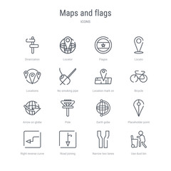 set of 16 maps and flags concept vector line icons such as use dust bin, narrow two lanes, road joining, right reverse curve, placeholder point, earth gobe, pole, arrow on globe. 64x64 thin stroke