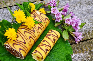 Tasty roll on a board.