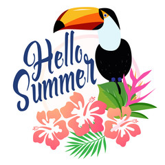 Naklejka premium Beautiful toucan with hibiscus flowers vector illustration