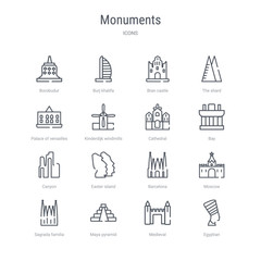 set of 16 monuments concept vector line icons such as egyptian, medieval, maya pyramid, sagrada familia building, moscow, barcelona, easter island, canyon. 64x64 thin stroke icons