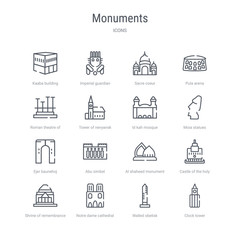 set of 16 monuments concept vector line icons such as clock tower, walled obelisk, notre dame cathedral, shrine of remembrance, castle of the holy angel in rome, al shaheed monument, abu simbel,